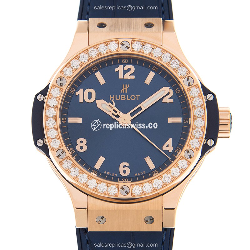 Luxurious Hublot Big Bang Replica in Blue Quartz Alligator Strap Watch