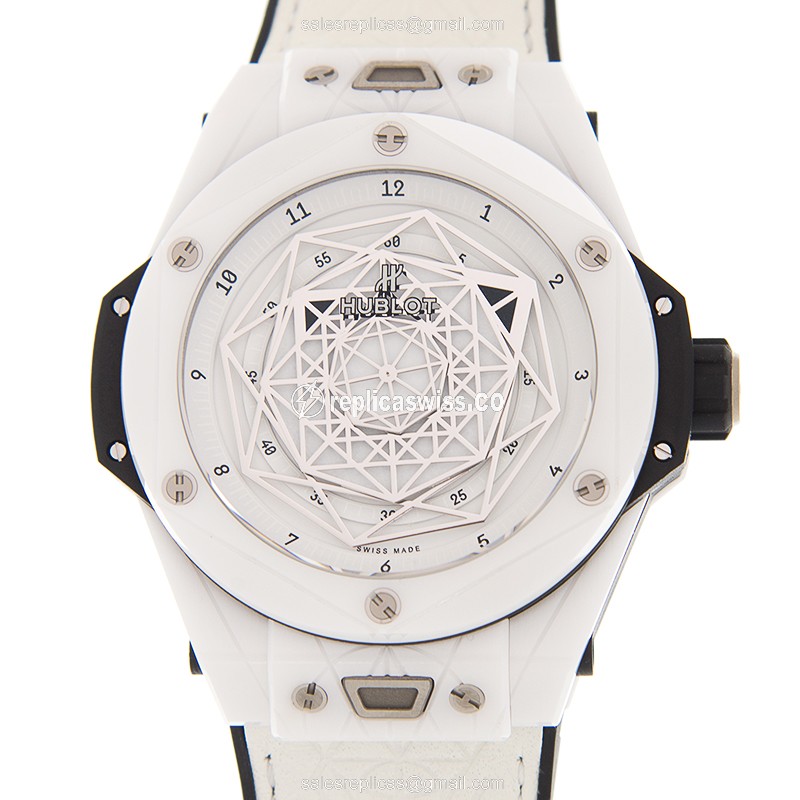 Luxurious Hublot Big Bang Replica in White Ceramic Case with Automatic Movement White Leather