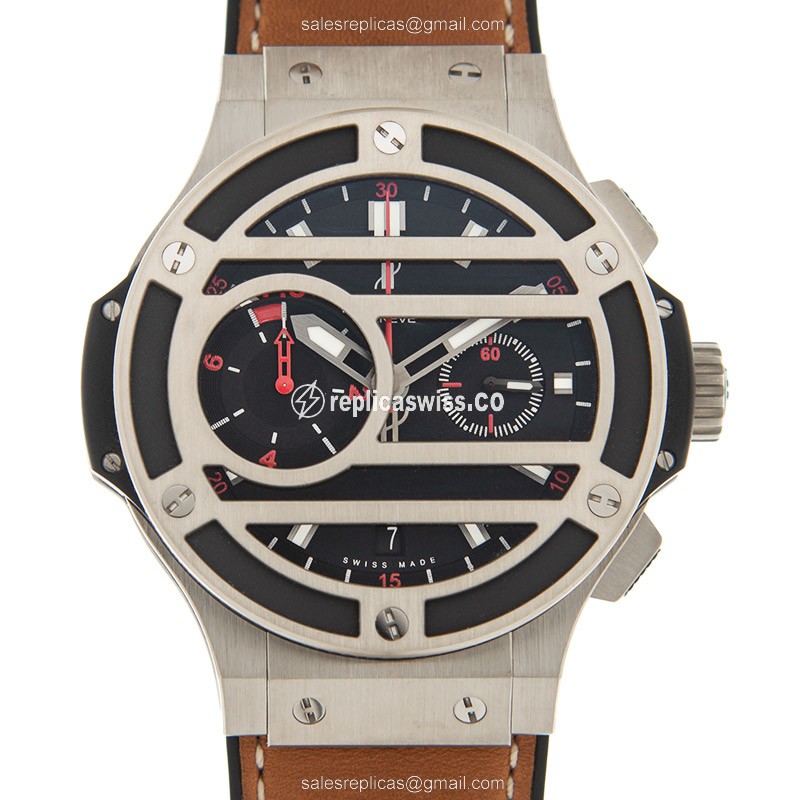 Luxurious Hublot BIG BANG Titanium Replica, Manual Wind, Black Dial & Brown Cowhide Strap Watch