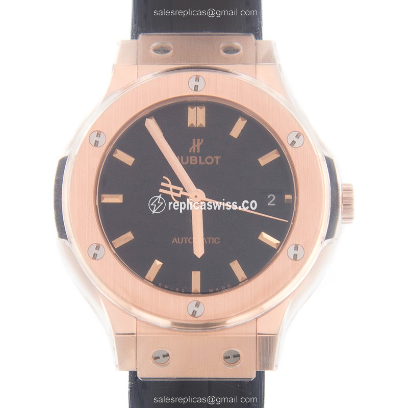 Luxurious Hublot Classic Fusion Replica, Automatic Movement, 18kt Rose Gold Case & Black Dial Watch