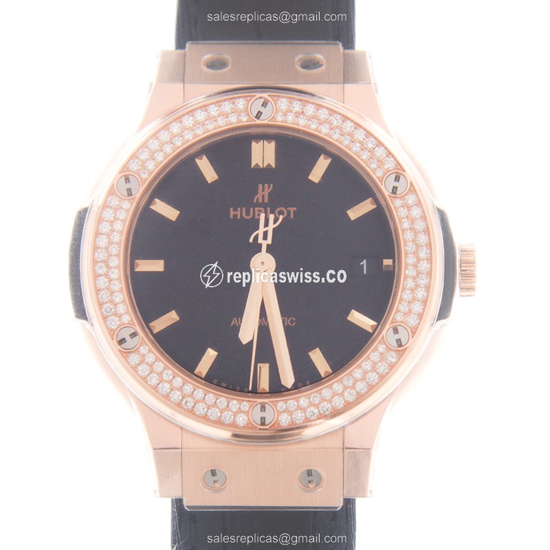Luxurious Hublot Classic Fusion Replica, Automatic Movement, 18kt Rose Gold Case & Black Diamond