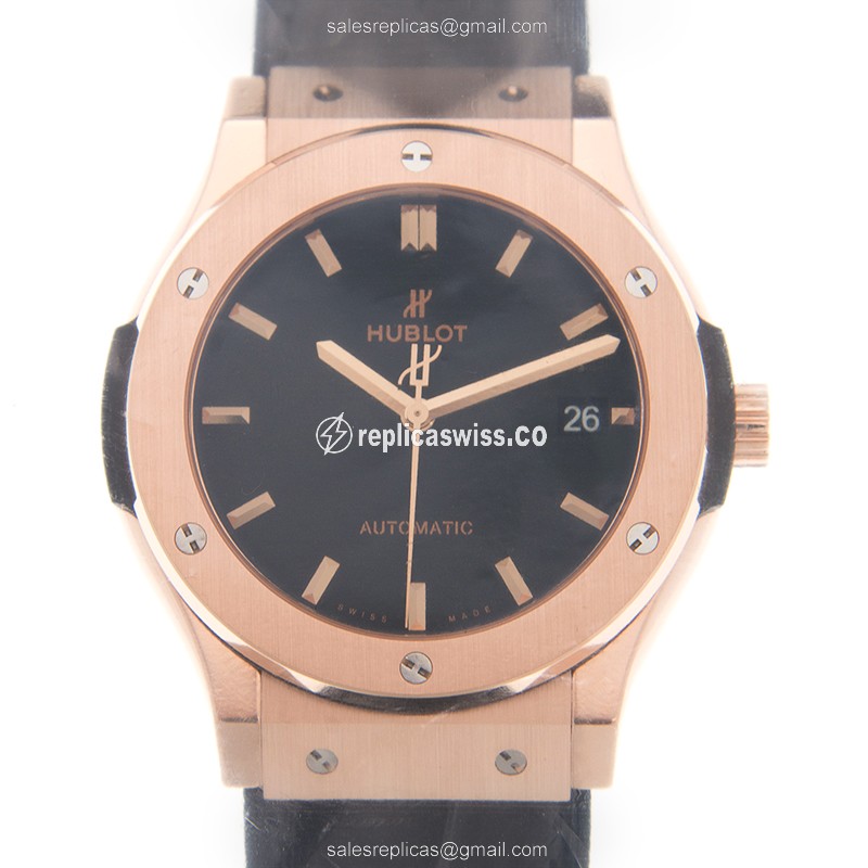 Luxurious Hublot Classic Fusion Replica in 18kt Rose Gold, Automatic Movement & Black Dial Watch