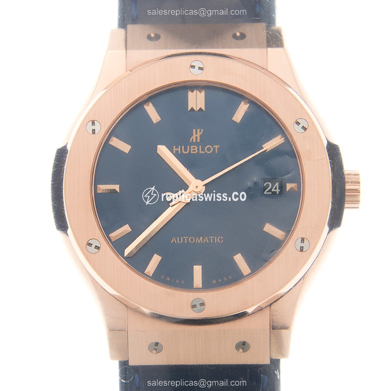Luxurious Hublot Classic Fusion Replica in 18kt Rose Gold, Automatic Movement & Blue Dial Watch