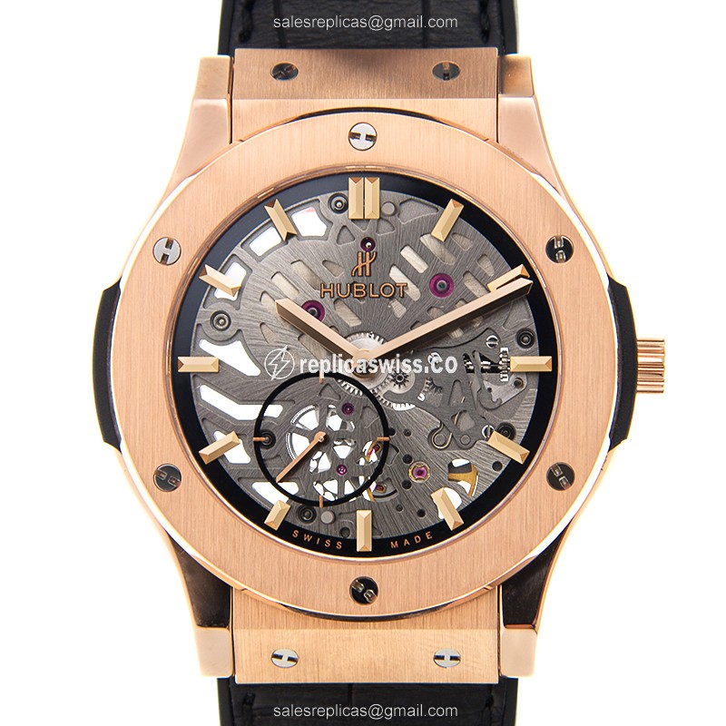 Luxurious Hublot Classic Fusion Replica in 18kt Rose Gold, Manual Wind, Skull Dial & Rubber Strap