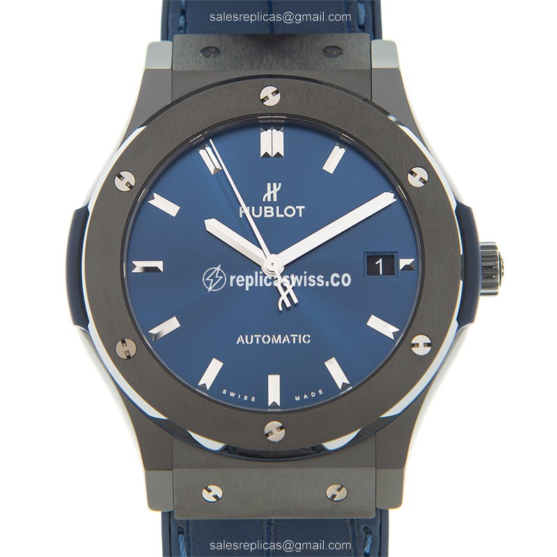 Luxurious Hublot Classic Fusion Replica in Blue Ceramic, Automatic Movement Blue Alligator