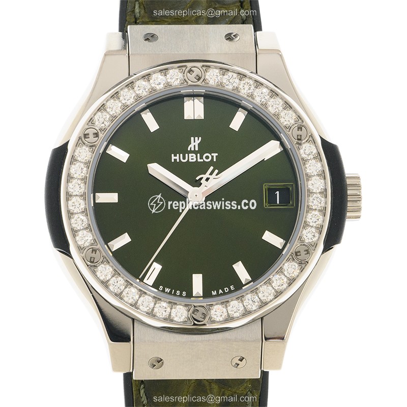 Luxurious Hublot Classic Fusion Replica in Green Dial & Diamond Case, Automatic Movement Watch
