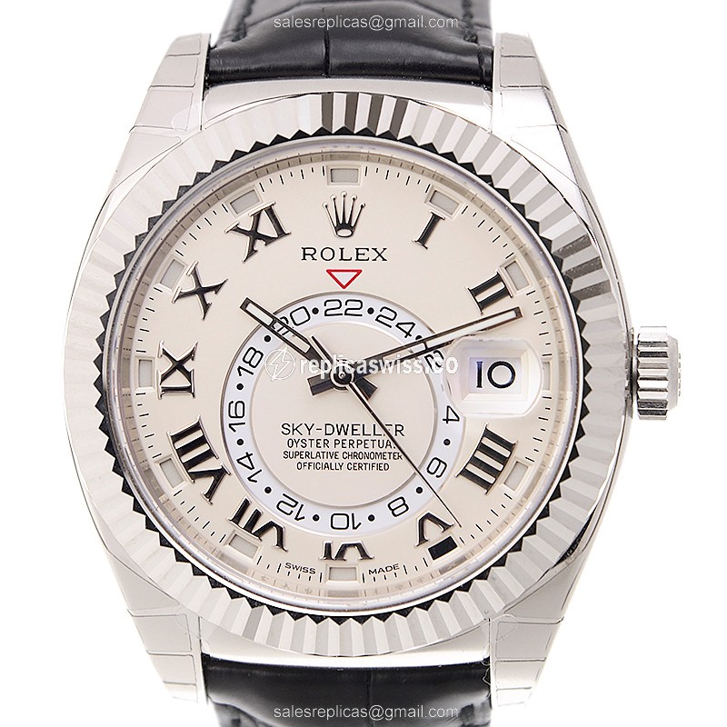 Luxurious Ivory Rolex Sky-Dweller Replica, Automatic, 18kt Gold Case, Black Alligator Strap Watch