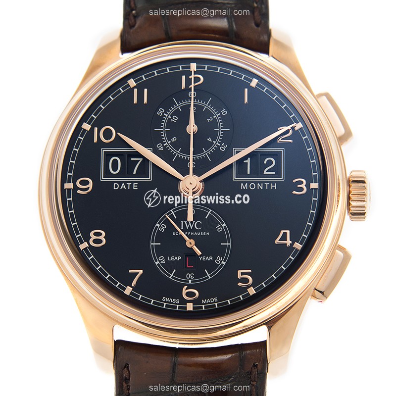 Luxurious IWC IW397202 Portuguese Replica in 18kt Gold with Automatic Movement Black Dial Watch