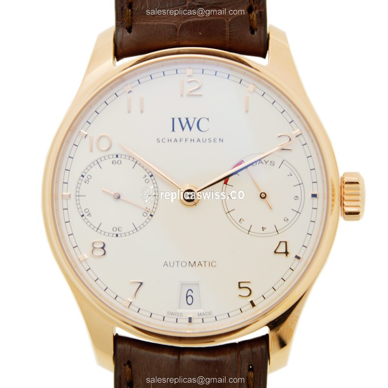 Luxurious IWC IW500701 Portuguese Replica in 18kt Rose Gold with White Dial Brown Alligator