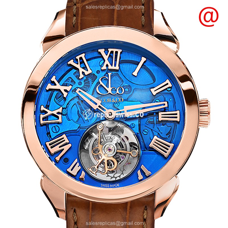 Luxurious Jacob & Co PT520.40.NS.QB.A Manual Wind Gold Watch | Blue Dial & Brown Alligator Strap