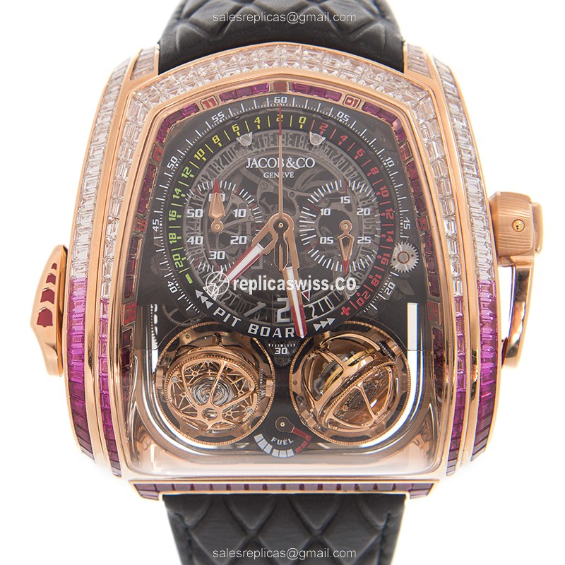 Luxurious Jacob & Co TT800.40.BR.AA.AWA4S Twin Turbo Manual Wind, 18kt Rose Gold & Black Leather