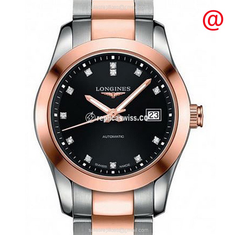 Luxurious Longines Conquest Classic Automatic, 18kt Steel & Rose Gold, Black Dial & Sapphire