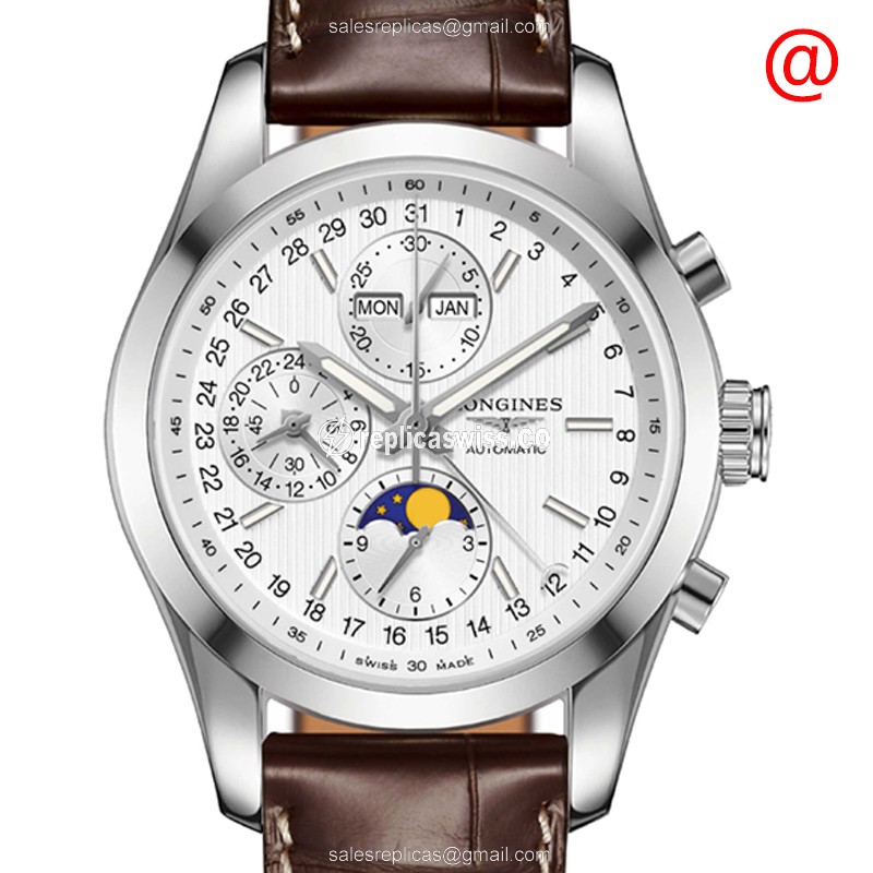Luxurious Longines Conquest Classic Replica in Silver Dial Brown Alligator Strap Watch