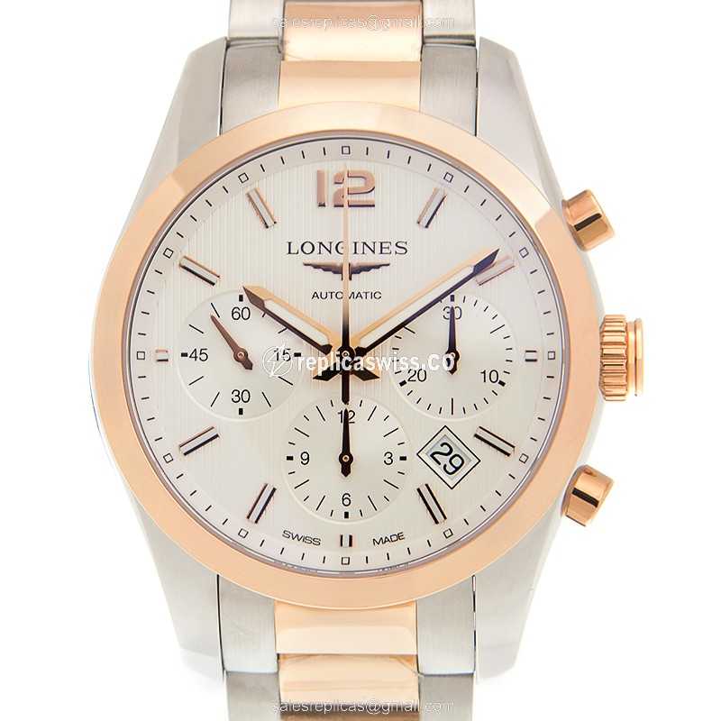 Luxurious Longines Conquest L2.786.5.76.7 Replica in White Dial & 18kt Gold Case Watch