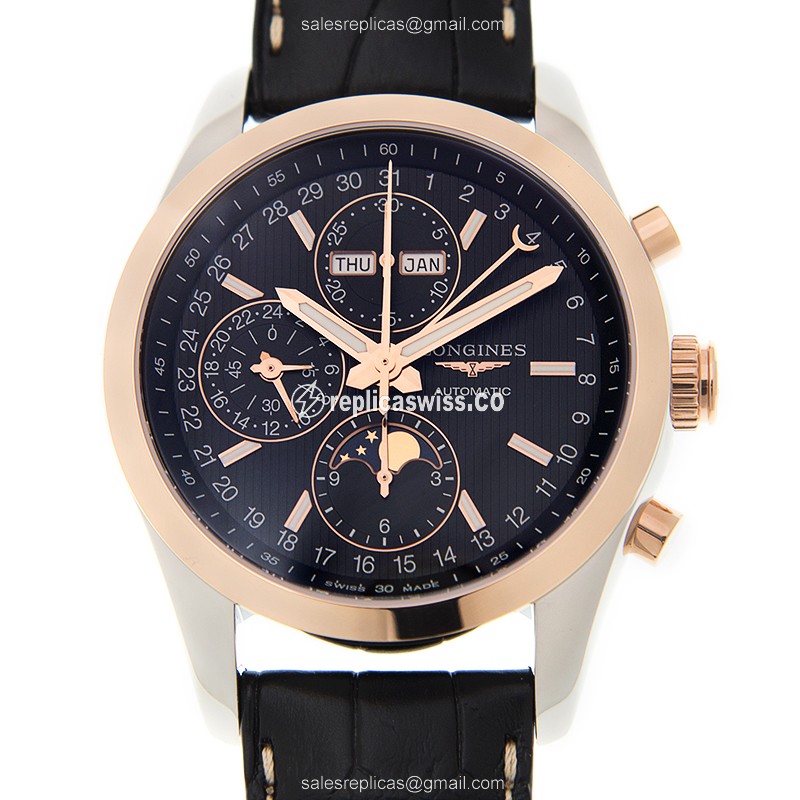 Luxurious Longines Conquest L2.798.5.52.3 Replica in Black Dial & 18kt Rose Gold Case Watch