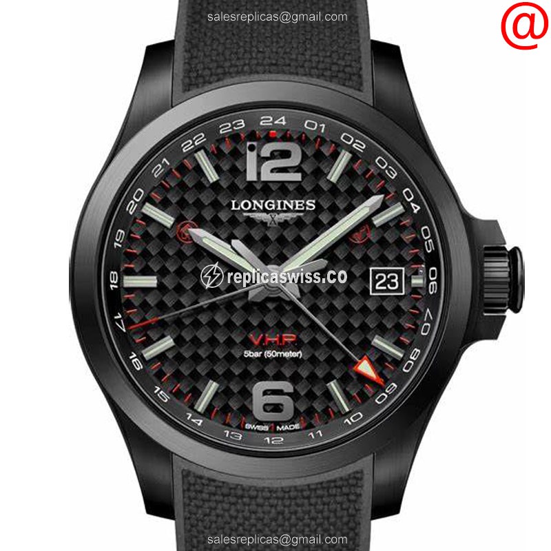 Luxurious Longines Conquest Replica, Black Dial & Rubber Strap, Stainless Steel Case Watch