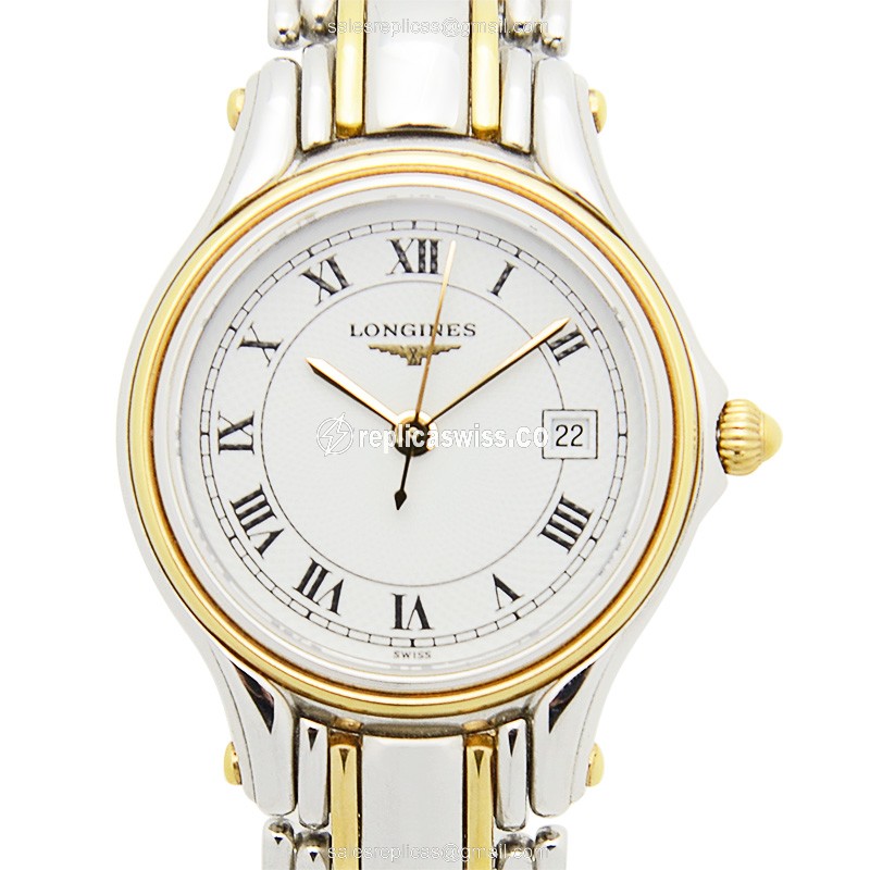 Luxurious Longines Conquest Replica in 18kt Gold & Steel, White Dial & Silver Strap Watch