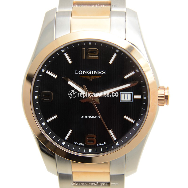Luxurious Longines Conquest Replica in 18kt Rose Gold & Steel, Automatic Movement & Black Dial Watch
