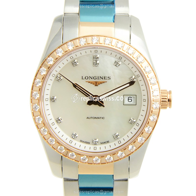 Luxurious Longines Conquest Replica in 18kt Rose Gold & Steel, Automatic Movement & White Dial Watch