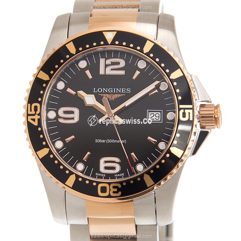 Luxurious Longines Conquest Replica in 18kt Rose Gold & Steel, Black Dial & Quartz Movement Watch