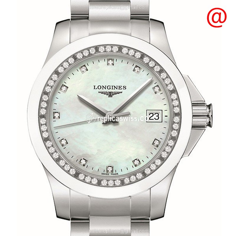 Luxurious Longines Conquest Replica with White Dial Diamond Bezels Watch