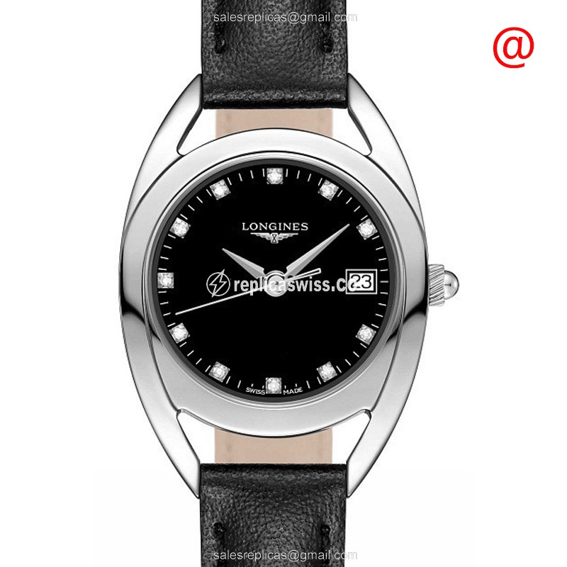 Luxurious Longines Equestrian Quartz Replica, Black Dial, Stainless Steel Case & Leather Strap Watch