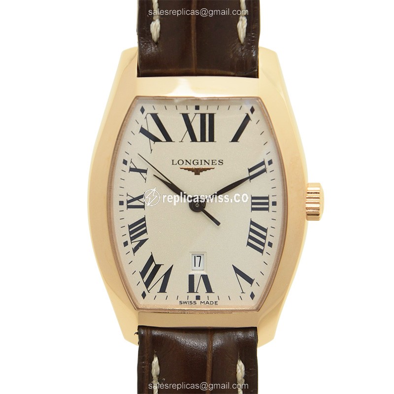 Luxurious Longines EVIDENZA Replica in 18kt Rose Gold, Beige Dial & Brown Alligator Strap Watch