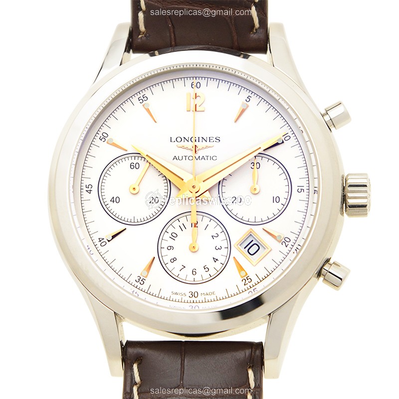Luxurious Longines Heritage Replica Watch | Automatic Movement | White Dial & Brown Alligator Strap