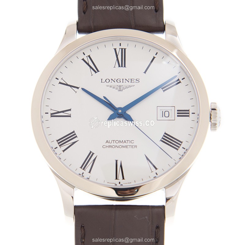Luxurious Longines L2.821.4.11.2 RECORD Replica with White Dial & Leather Strap, Automatic Movement
