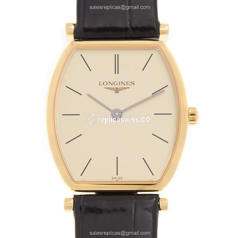 Luxurious Longines L4.205.2.32.2 Quartz Replica in 18kt Gold, Sleek Gold Dial Leather Strap