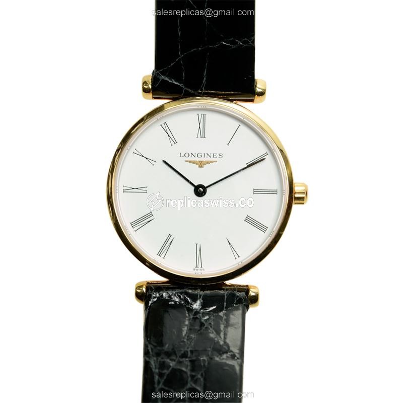 Luxurious Longines L4.209.1.11.2 Quartz Replica with 18kt White Gold Case & Black Alligator Strap