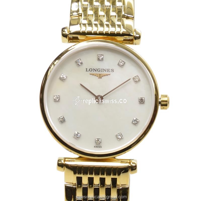 Luxurious Longines L4.209.2.87.8 Quartz Gold PVD Replica, White Dial, Gold Clasp Watch