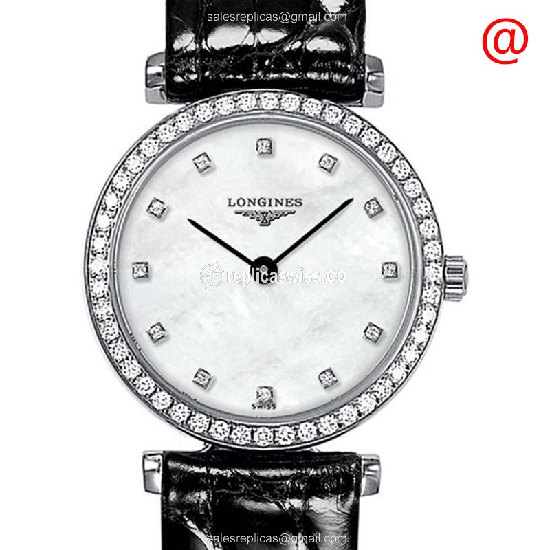 Luxurious Longines L4.241.0.80.2 LA GRANDE Replica, White Dial, Diamond Case, Leather Strap Watch