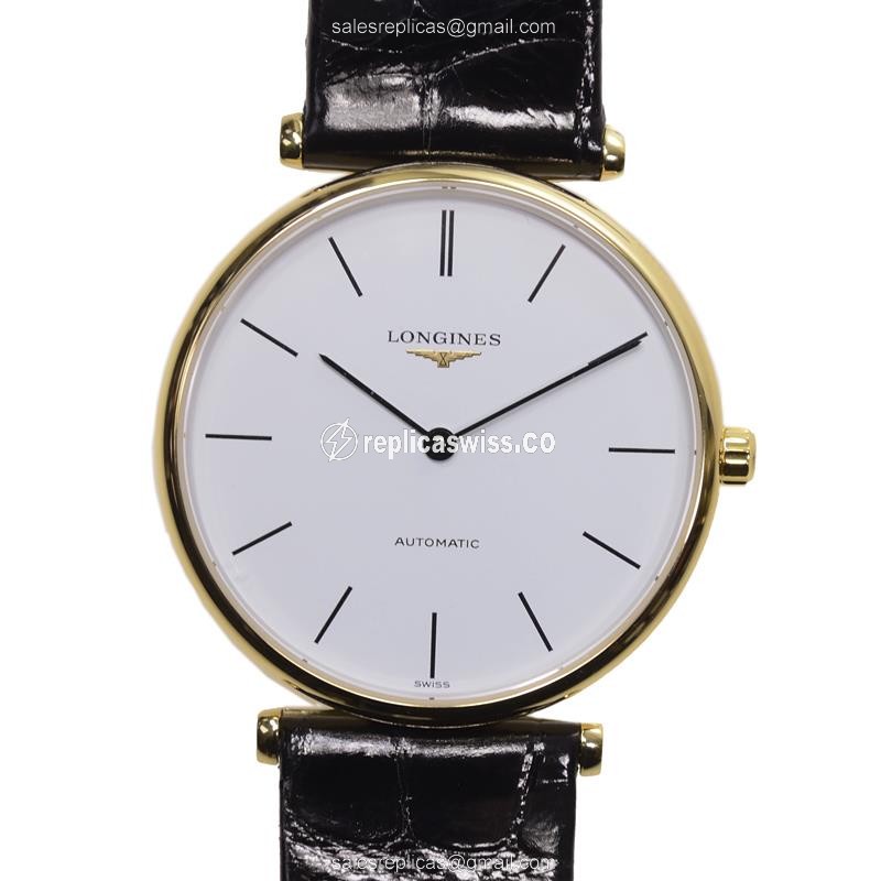 Luxurious Longines L4.708.2.12.2 LA GRANDE Automatic Gold Replica with White Dial & Black Alligator