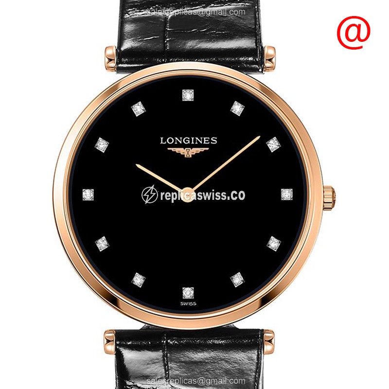 Luxurious Longines L4.709.1.57.2 Replica in 18kt Rose Gold, Black Dial & Leather Strap Watch