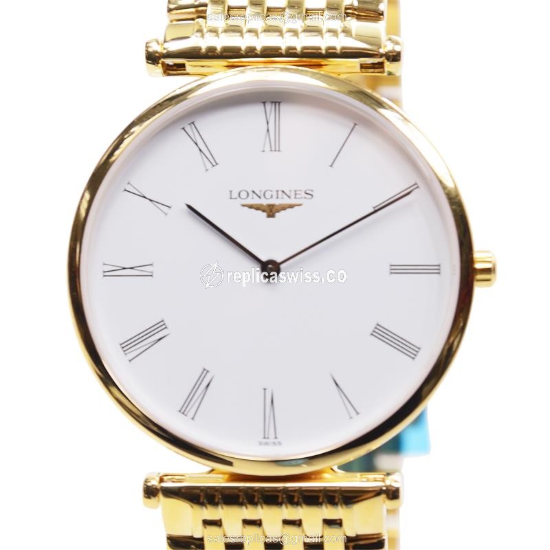 Luxurious Longines L4.709.2.11.8 Grand Replica in White Dial & PVD Gold Case Watch