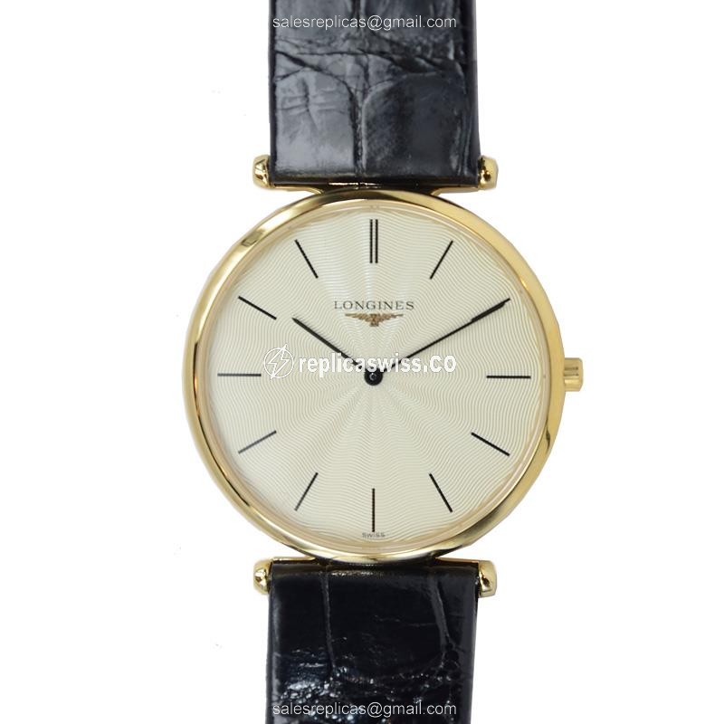 Luxurious Longines L4.709.2.42.2 Replica in PVD Gold Case & Black Leather Strap Watch