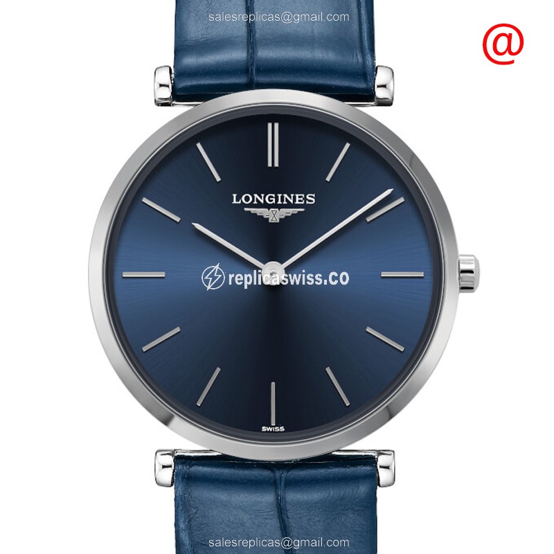 Luxurious Longines LA GRANDE Quartz Replica in Stainless Steel, Blue Dial & Leather Strap Watch