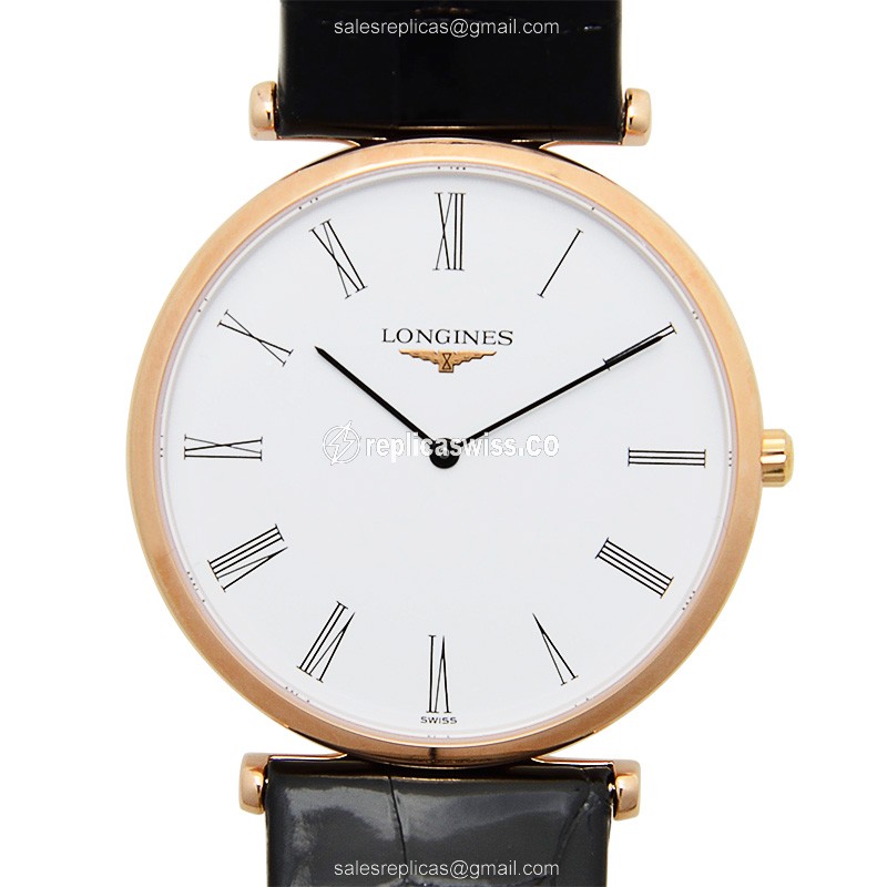Luxurious Longines LA GRANDE Replica in 18kt Rose Gold, White Dial, Alligator Strap Watch