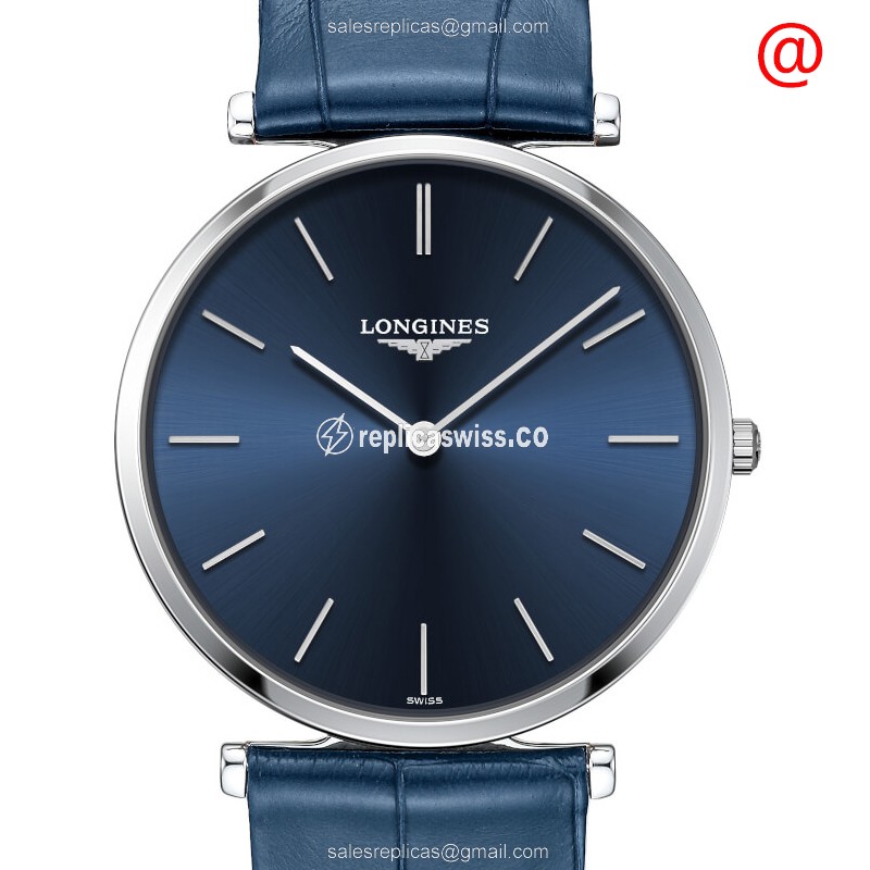 Luxurious Longines LA GRANDE Replica in Stainless Steel with Blue Dial Leather Strap Watch