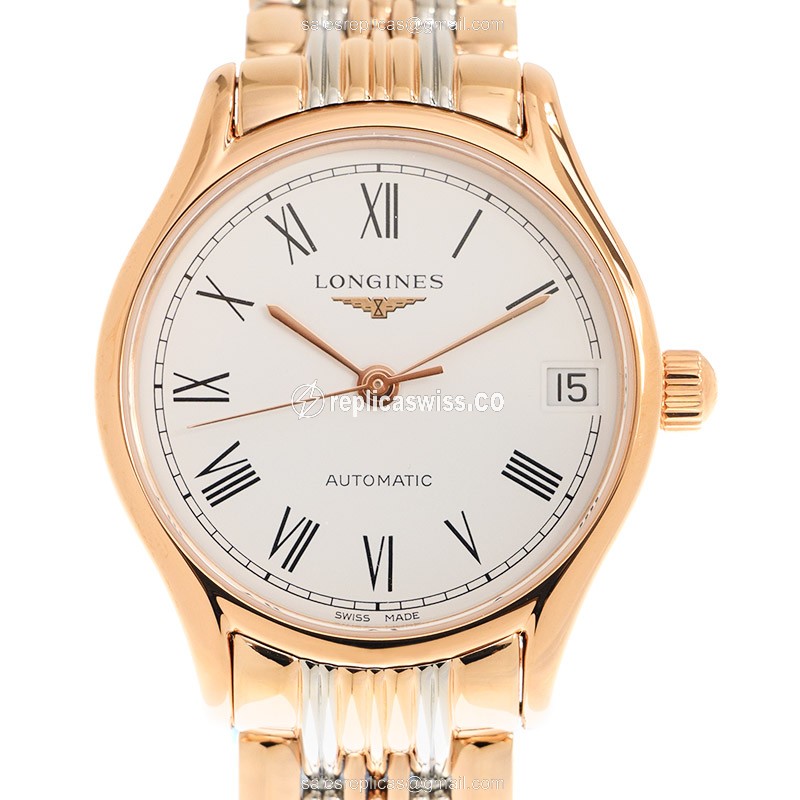 Luxurious Longines Lyre Replica in 18kt Rose Gold & Steel, Automatic Movement & White Dial Watch