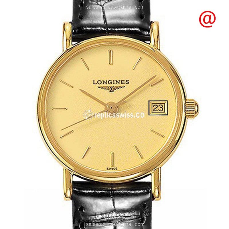 Luxurious Longines Presence L7.490.6.32.0 Replica in 18kt Gold with Black Leather Strap Watch