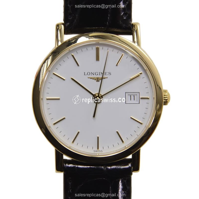 Luxurious Longines Presence Replica in 18kt Gold, White Dial, Alligator Strap Watch