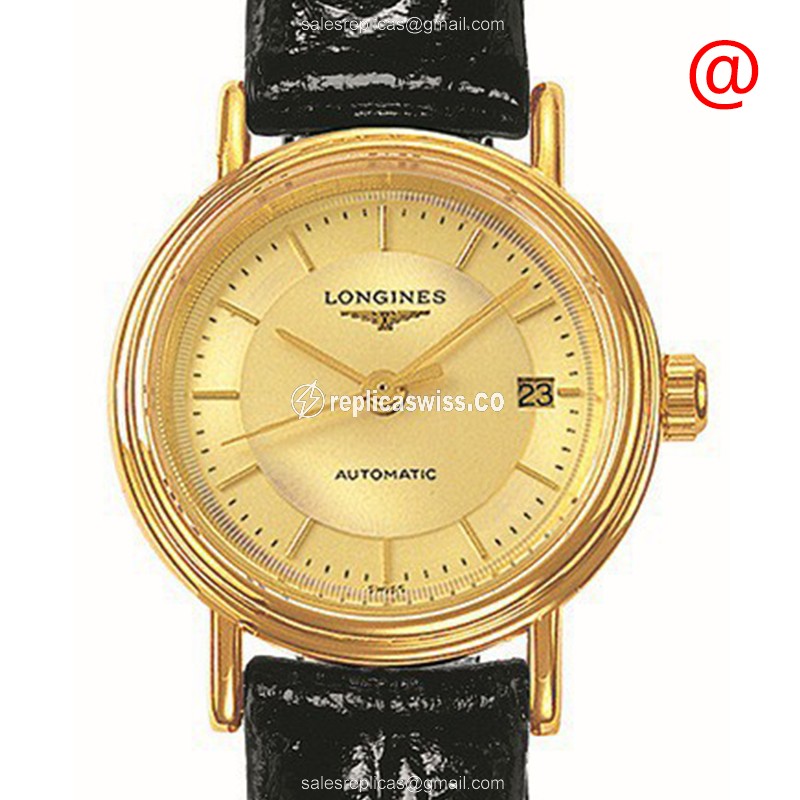 Luxurious Longines Presence Replica in PVD Gold Case, Automatic Movement, Black Leather Strap