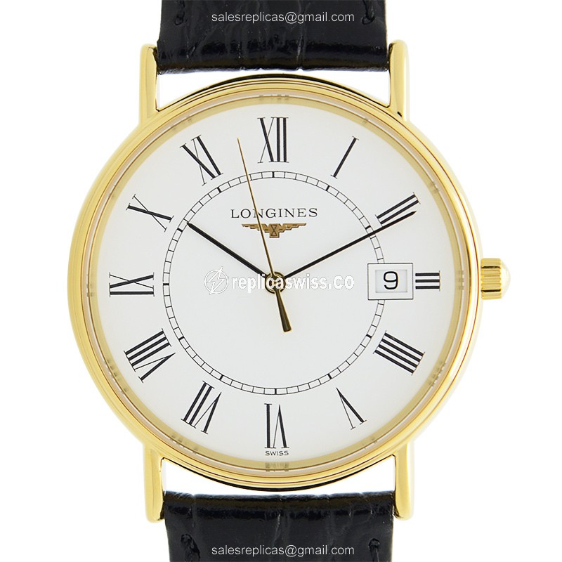 Luxurious Longines Presence Replica in PVD Gold Case, White Dial & Leather Strap Watch
