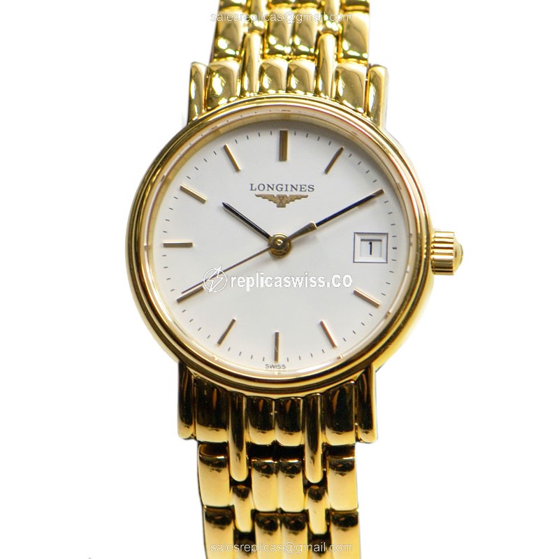 Luxurious Longines Presence Replica in White Dial & Gold PVD Strap, Precision Quartz Movement Watch