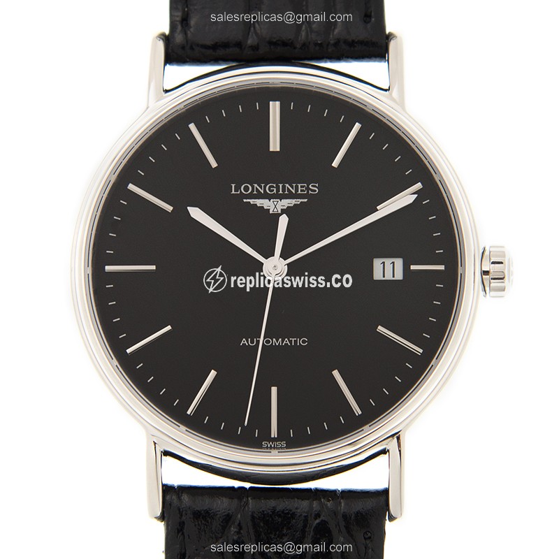 Luxurious Longines Presence Replica Watch | Automatic Movement | Black Dial & Alligator Strap