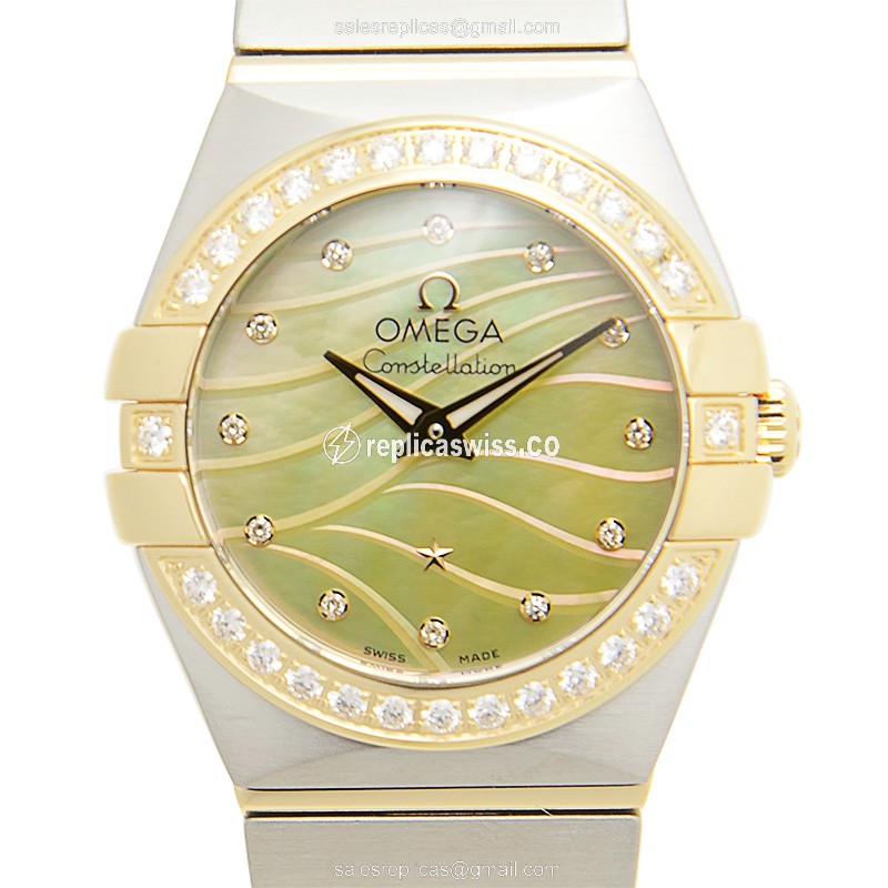 Luxurious Omega Constellation Replica in 18kt Gold Diamond, Elegant Silver Strap Watch
