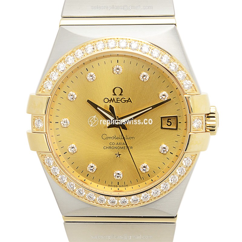 Luxurious Omega Constellation Replica in 18kt Gold with Automatic Movement Diamond Bezel Watch