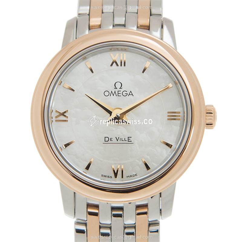 Luxurious Omega De Ville Replica in 18kt Rose Gold Case, White Dial, Steel Strap Watch